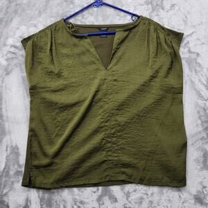 Lindex Top Womens UK/US Small Green Sleeveless Pleat Shoulder V-Neck Silky Flowy